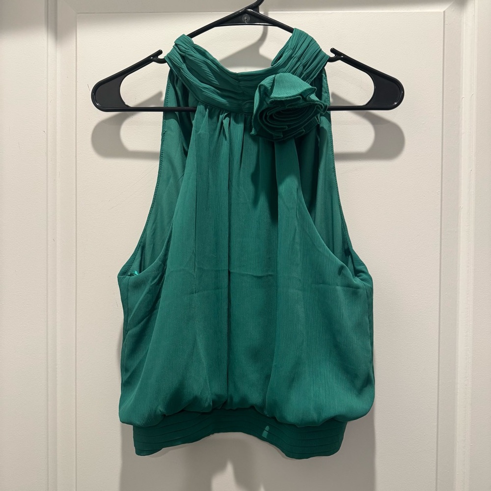 Green Floral Accent Chiffon Top with Rose